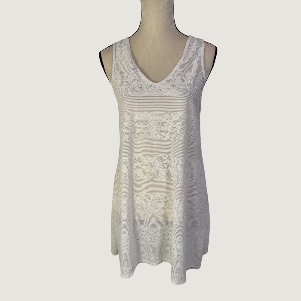 Portocruz White Lace Stripe V-Neck Swim Cover Up Dress Keyhole Back Small